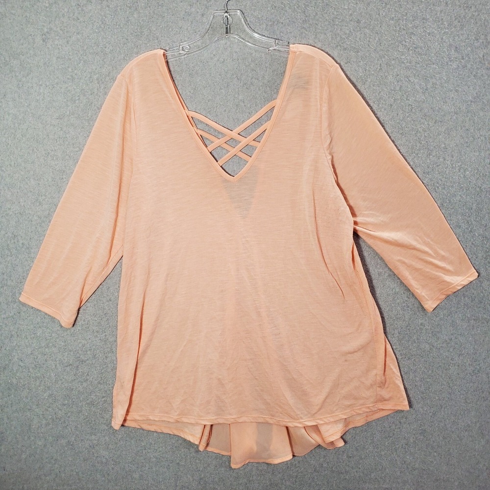 Torrid Women Top 1 Pink Blouse 3/4 Sleeve Cross Lace V Neck